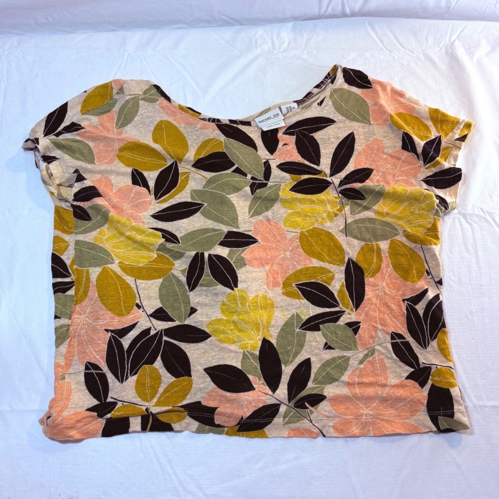 Rachel Zoe XL 100% Linen Botanical Leaf Print Button Back Boxy Top‎ Multicolor